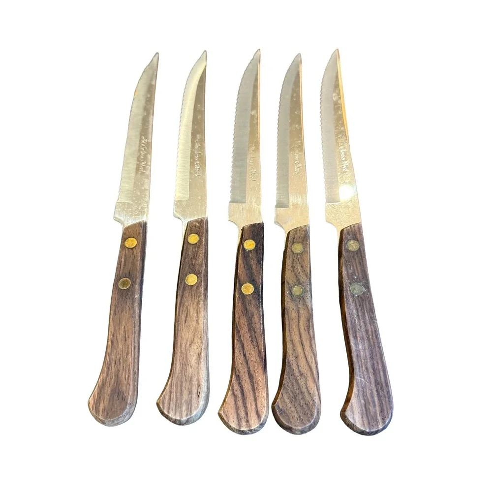 Vintage LC Japan Stainless Steel Serrated Steak Knives Wood Handle Set of 5